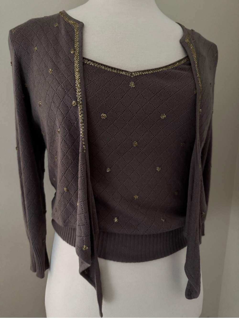 Sigrid Olsen Silk Blend Beaded 2pc Sweater Set • Camisole & Tie Cardigan Medium